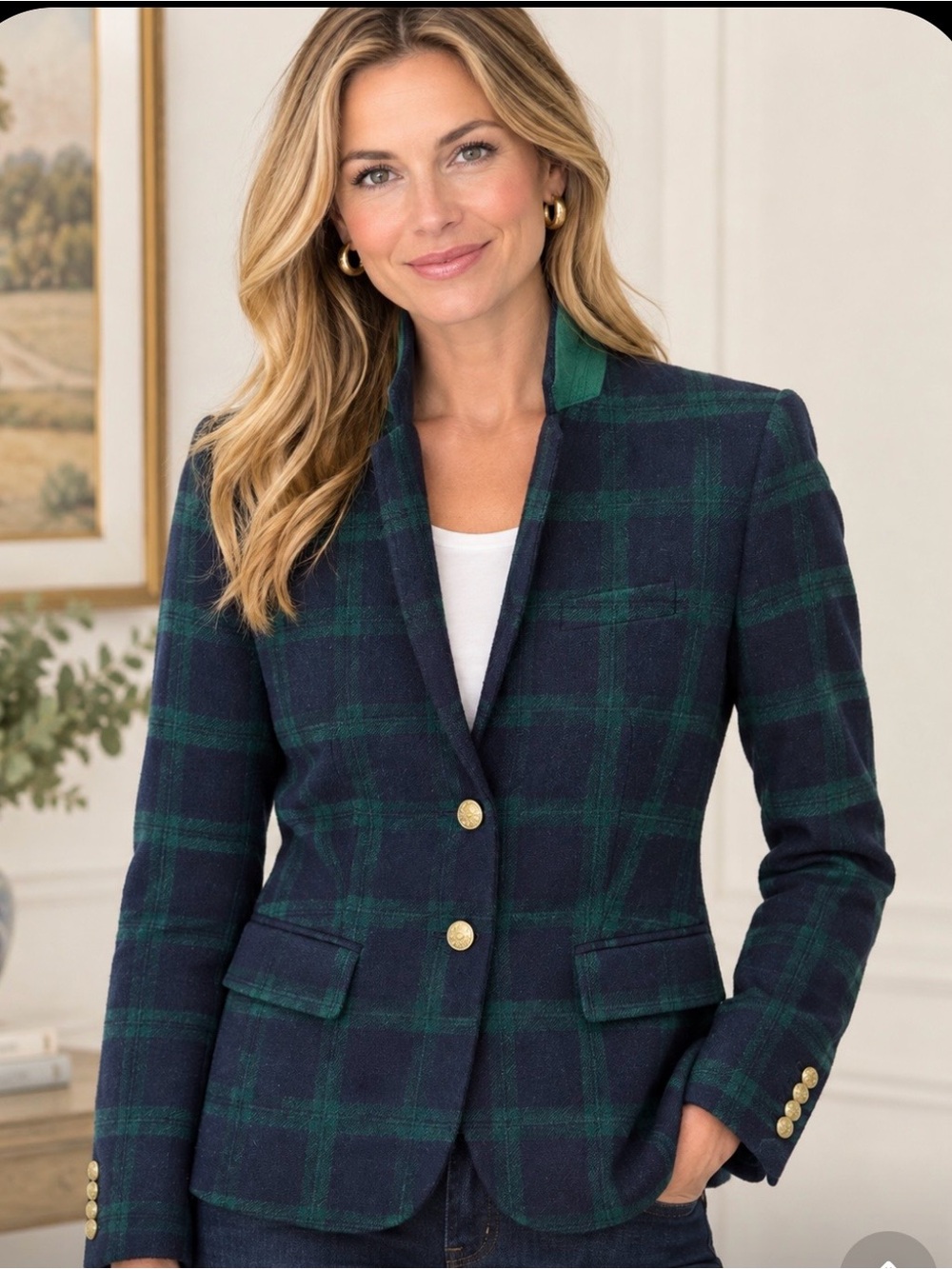 Jcrew Navy & Green Plaid Wool Blazer with Gold Buttons